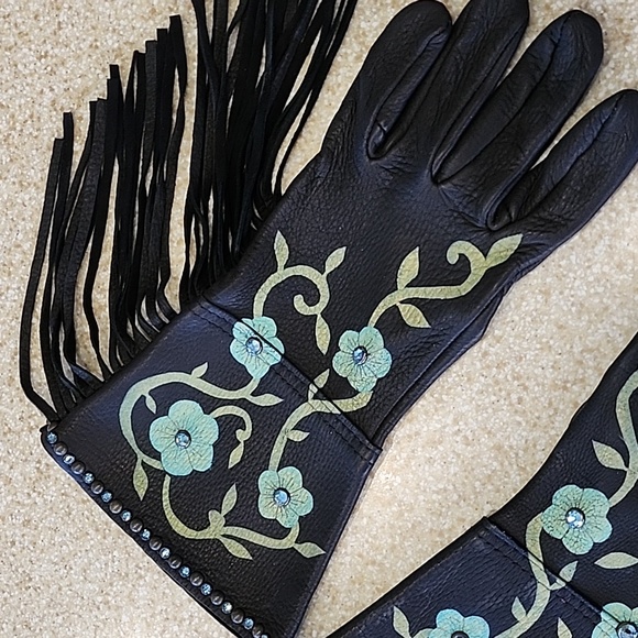 Patricia Wolf Accessories - NWOT, Black Leather Gloves Handpainted, Crystal's & Fringe Size L